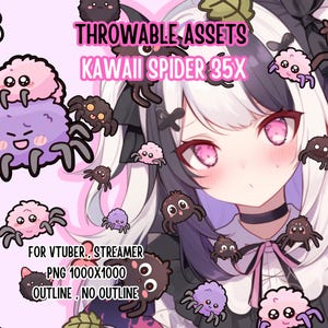 Puede incluir: Ilustración digital de una joven con ojos rosas y cabello blanco y negro, rodeada de arañas de dibujos animados de varios colores. El texto dice "THROWABLE ASSETS KAWAII SPIDER 35X" y "FOR VTUBER, STREAMER PNG 1000X1000 OUTLINE, NO OUTLINE."