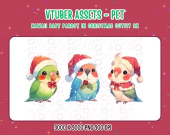 Vtuber Assets,Vtuber Pet,3x Kawaii Baby Parrot in Christmas Outfit,Digital Assets,Stream Decoration,Twitch,Cute 2D Pet,Parrot Companion,PNG