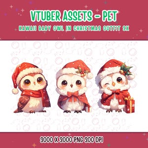 May include: Three cartoon baby owls wearing red and white Santa hats with a red scarf and a red cape. The owls are on a white background with a white snowflake pattern.