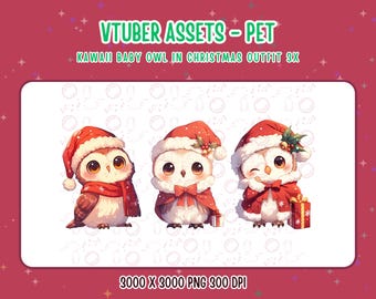 Vtuber Assets,Vtuber Pet,3x Kawaii Baby Owl in Christmas Outfit,Digital Assets,Stream Decoration,Twitch,Cute 2D Pet,Owl Companion,Owl PNG