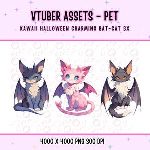 Vtuber Assets,Vtuber Pet ,3x Kawaii Halloween Charming Bat-Cat for Vtuber ,Pink ,Anime,Digital Assets ,Stream Decoration,Twitch,Cute 2d Pet