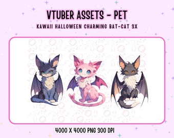 Vtuber Assets,Vtuber Pet ,3x Kawaii Halloween Charming Bat-Cat for Vtuber ,Pink ,Anime,Digital Assets ,Stream Decoration,Twitch,Cute 2d Pet