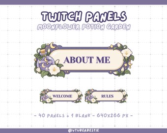 May include: A set of digital Twitch panels titled Moonflower Potion Garden, featuring purple and cream rectangular frames decorated with white flowers, green leaves, and potion bottles. Text includes ABOUT ME, WELCOME, and RULES. The set contains 40 panels and 1 blank, each measuring 640x266 px.