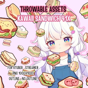 Op de afbeelding: Digitale assets met kawaii-sandwiches en een anime-meisje. De afbeelding bevat verschillende sandwichillustraties met verschillende vullingen, waaronder een sandwich met een kat. Tekst luidt "THROWABLE ASSETS KAWAI SANDWICH 41X".