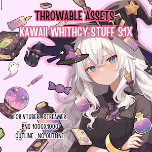 May include: Digital art featuring a young woman with white hair and blue eyes, surrounded by kawaii witch-themed assets. Includes witch hats, potion bottles, spell books, a crystal ball, and a black cat. Text reads "THROWABLE ASSETS" and "KAWAII WHITHCY STUFF 31X".