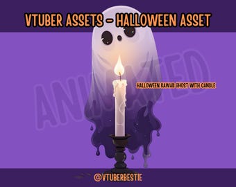 May include: A white ghost with a black outline and large eyes is melting over a black candlestick with a white candle. The text "HALLOWEEN KAWAII GHOST WITH CANDLE" is below the ghost.