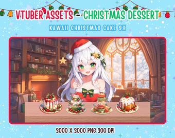 May include: A digital illustration of a white-haired anime girl wearing a red and white Santa hat and a green and red Christmas dress. She is holding a plate with a Christmas cake on it. The background is a library with a large window. The text "VTUBER ASSETS - CHRISTMAS DESSERT" is at the top of the image. The text "KAWAII CHRISTMAS CAKE 9X" is below the image. The text "3000 X 3000 PNG 300 DPI" is at the bottom of the image.
