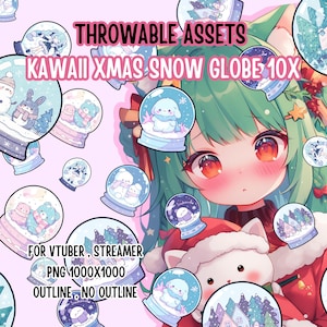 May include: Kawaii Christmas snow globe digital assets. The image features multiple snow globes with various winter-themed illustrations, including snowmen, bunnies, and bears. Text on the image reads "THROWABLE ASSETS" and "KAWAII XMAS SNOW GLOBE 10X".