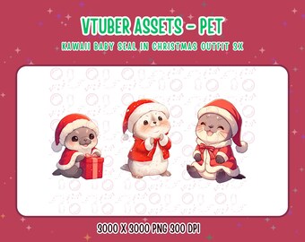 Vtuber Assets,Vtuber Pet,3x Kawaii Baby Seal in Christmas Outfit,Digital Assets,Stream Decoration,Twitch,Cute 2D Pet,Baby Seal Companion,PNG