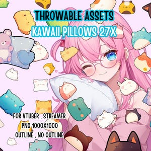 May include: A collection of 27 kawaii pillow designs featuring various cute characters, including animals, hearts, and stars. The pillows are in a variety of colours, including pink, blue, green, and yellow. The text "THROWABLE ASSETS KAWAII PILLOWS 27X" is displayed at the top of the image. The text "FOR VTUBER, STREAMER PNG 1000X1000 OUTLINE, NO OUTLINE" is displayed at the bottom of the image.
