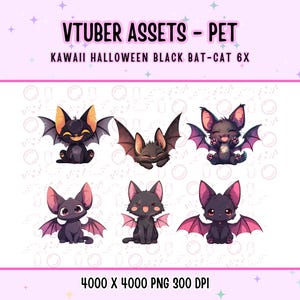 6x Kawaii Halloween Schwarze Fledermaus-Katze für Vtuber, Niedlich, Pink, Anime, Digital-Assets, Stream Dekoration, Twitch, Süßes Haustier