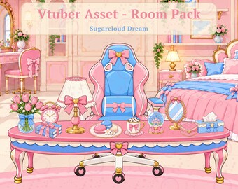 Sugarcloud Dream VTuber Room Decor Pack | 12 Pastel Stream Assets | Pink Blue Gaming Room Decor, VTuber Background