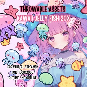 May include: A digital illustration featuring a young woman with pink hair and a blue dress, surrounded by kawaii jellyfish and starfish. Text reads "THROWABLE ASSETS" and "KAWAII JELLY FISH 20X". The image is designed for VTubers and streamers.