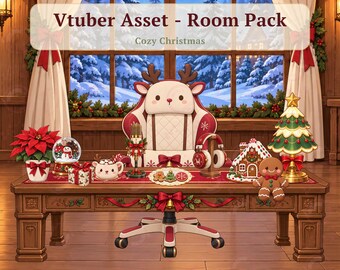 Cozy Christmas VTuber Room Decor Pack | 12 Christmas Stream Assets | Cute Holiday Desk Decor, Chair, Room Background