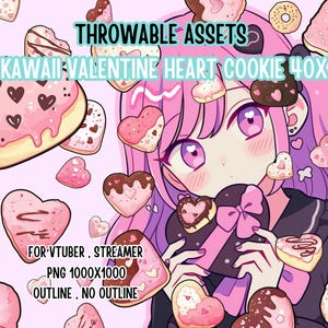 Op de afbeelding: Digitale illustratie van een anime-personage met roze haar, omringd door hartvormige koekjes met roze glazuur en chocolade accenten. Tekst: "THROWABLE ASSETS" en "KAWAII VALENTINE HEART COOKIE 40X".