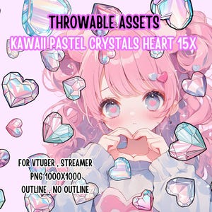 Peut inclure: Une illustration numérique d'une fille d'anime aux cheveux roses avec des cristaux en forme de cœur scintillants. Le texte "THROWABLE ASSETS KAWAII PASTEL CRYSTALS HEART 15X" est en haut de l'image. Le texte "FOR VTUBER, STREAMER PNG 1000X1000 OUTLINE, NO OUTLINE" est en bas de l'image.