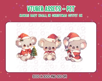 Vtuber Assets,Vtuber Pet,3x Kawaii Baby Koala t in Christmas Outfit,Digital Assets,Stream Decoration,Twitch,Cute 2D Pet,Koala Companion,PNG