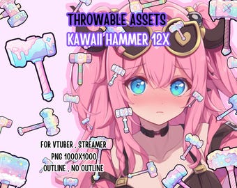 Throwable Assets Kawaii Hammer 12x ,2D Digital Assets,Stream Decoration,Streamer Asset,T.I.T.S,Twitch Redeem,Cute Assets,Weapon Tools Pastel