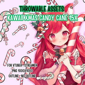 May include: Digital illustration featuring a Kawaii anime-style character with red hair and eyes, holding a large candy cane. The background is a light pink with scattered candy cane graphics. Text reads "THROWABLE ASSETS" and "KAWAII XMAS CANDY CANE 15X".