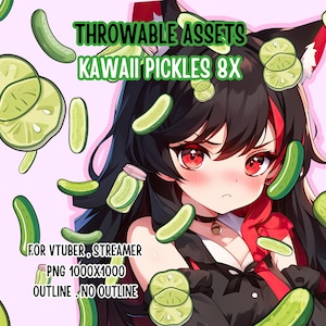 May include: A set of eight digital illustrations of green pickles, with a cartoon girl with black hair and red eyes in the background. The text "THROWABLE ASSETS KAWAII PICKLES 8X" is at the top of the image. The text "FOR VTUBER, STREAMER PNG 1000X1000 OUTLINE, NO OUTLINE" is at the bottom of the image.