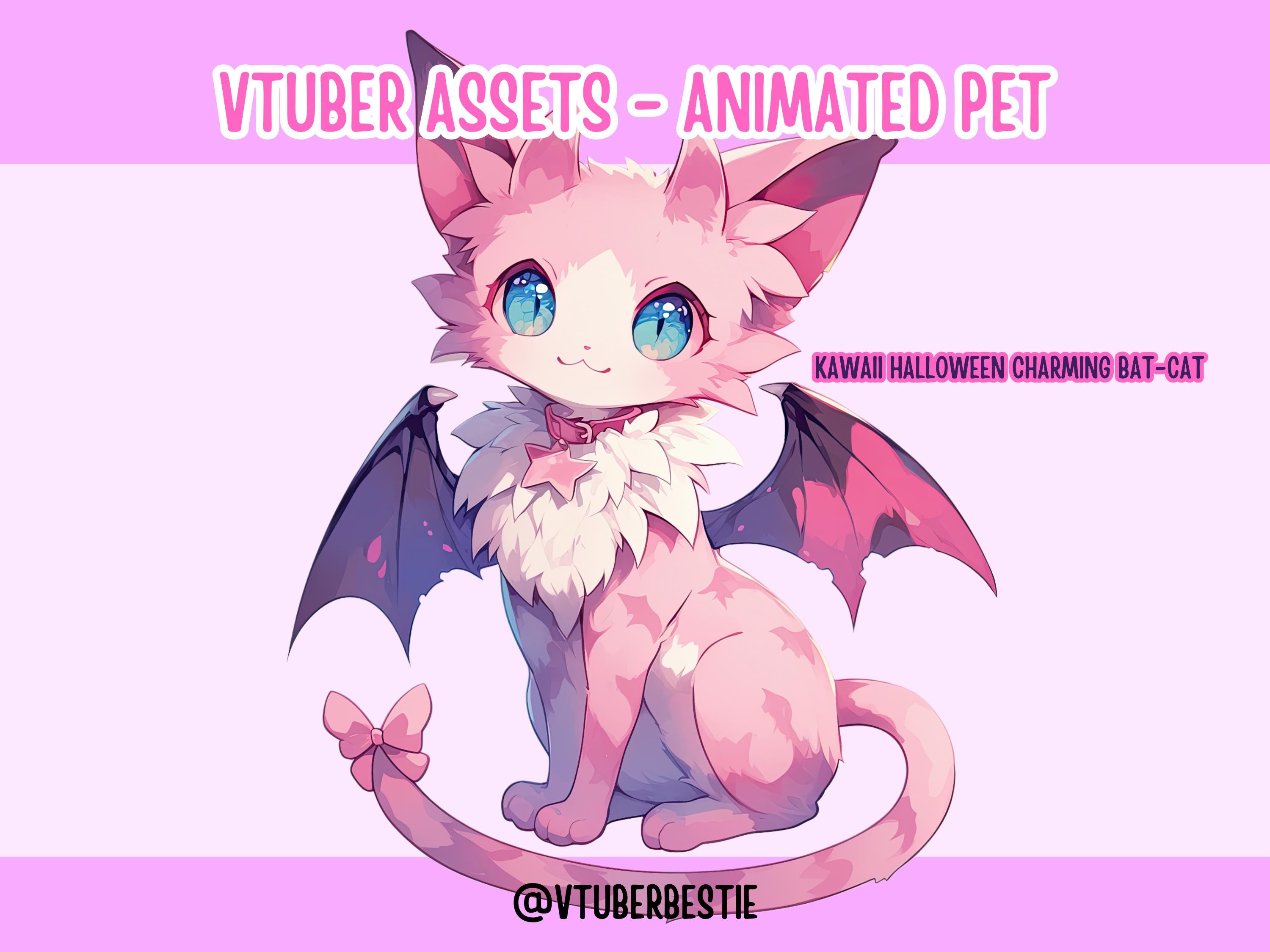 Vtuber Assets,Vtuber Animated Pet ,Kawaii Halloween Charming Pink Bat-Cat,Anime,Digital Assets ,Stream Decoration,Twitch,Cute Pet,Animated