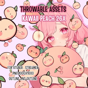 Puede incluir: Ilustración digital de un personaje de anime de pelo rosa rodeado de ilustraciones de melocotones kawaii. El texto dice "THROWABLE ASSETS KAWAI PEACH 26X" y "FOR VTUBER, STREAMER PNG 1000X1000 OUTLINE, NO OUTLINE". Los melocotones tienen expresiones lindas.