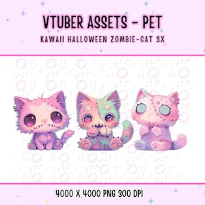 3x Kawaii Halloween Zombie-Katze für Vtuber, Süß, Pink, Anime, Digitale Objekte, Stream Dekoration, Twitch, Süßes Haustier