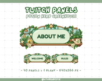 May include: Twitch panels titled Potion Herb Greenhouse featuring the text ABOUT ME, WELCOME, and RULES. The design includes green foliage, glass potion bottles, and a watering can on a wooden frame. Includes 40 panels and 1 blank.