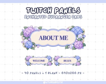 May include: A set of digital Twitch panels titled Enchanted Hydrangea Orbs, featuring cream-colored rectangular buttons with scalloped blue borders, decorated with purple and blue hydrangea flowers, green leaves, and translucent orbs.