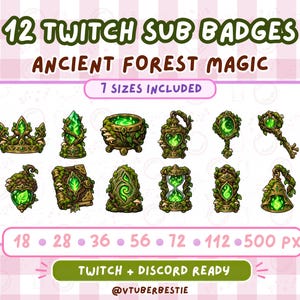 Op de afbeelding: Een set van 12 Twitch-abonneebadges genaamd Ancient Forest Magic, met groen oplichtende magische items zoals een kroon, ketel, lantaarn, boek, zandloper en sleutel, versierd met bruine ranken en bladeren, inclusief 7 formaten van 18 tot 500 px.