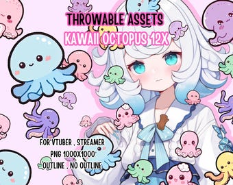 Throwable Assets Kawaii Octopus 12x ,2D Digital Assets,Stream Decoration,Streamer Asset,T.I.T.S,Twitch Redeem,Cute Assets,Sea Animal PNG