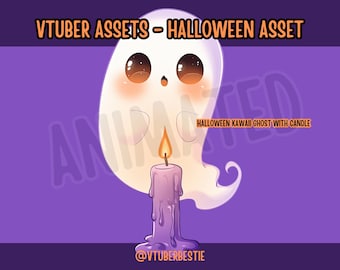 May include: A cute, cartoon ghost with big eyes and rosy cheeks holds a purple candle with a flickering flame. The ghost is translucent and has a faint outline. The text "HALLOWEEN KAWAII GHOST WITH CANDLE" is written below the ghost.