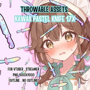 May include: An illustration of a cartoon character with multiple pastel-coloured knives. Text reads "THROWABLE ASSETS" and "KAWAII PASTEL KNIFE 17X". Additional text indicates the image is for streamers and is a PNG file.