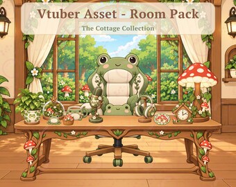 Cottage Collection VTuber Room Decor Pack | 12 Cottagecore Stream Assets | Frog Mushroom Desk Decor, Room Background