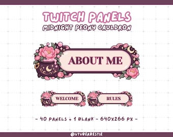 May include: Twitch panels titled Midnight Peony Cauldron featuring pink peonies and a dark purple cauldron with moon and star motifs. The panels display text including ABOUT ME, WELCOME, and RULES. Includes 40 panels and 1 blank at 640x266 px.