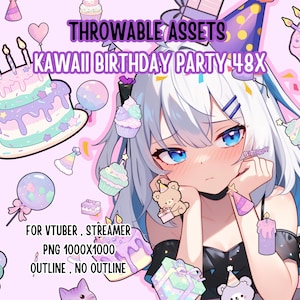 Recursos arrojadizos para fiesta de cumpleaños kawaii (48 unidades), recursos digitales 2D, decoración para streamers, T.I.T.S, Vtuber, canje de regalos, artículos de cumpleaños para Twitch