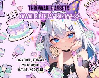 Throwable Assets Kawaii Birthday Party 48x ,2D Digital Assets,Stream Decoration,Streamer ,T.I.T.S,Vtuber,Gift Redeem,Birthday Items Twitch