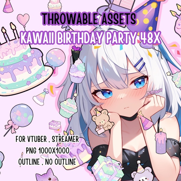 Throwable Assets Kawaii Birthday Party 48x ,2D Digital Assets,Stream Decoration,Streamer ,T.I.T.S,Vtuber,Gift Redeem,Birthday Items Twitch