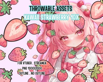 Throwable Assets Kawaii Strawberry 8x ,2D Digital Assets,Stream Decoration,Streamer Asset,T.I.T.S,Twitch Redeem,Cute Assets,Fruit,Dessert