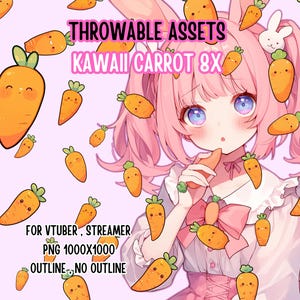 Puede incluir: Ilustración digital de un personaje de estilo anime con cabello rosa rodeado de zanahorias de dibujos animados. El texto dice "THROWABLE ASSETS KAWAI CARROT 8X" y "FOR VTUBER, STREAMER PNG 1000X1000 OUTLINE_NO OUTLINE". Las zanahorias son naranjas con hojas verdes.