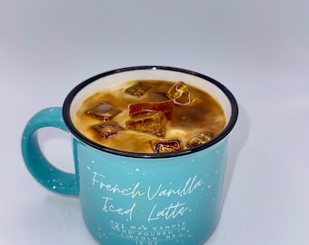 Coffee Scented Soy Candle | Wood Wick Coffee House Candle | Coffee Lovers Gift | French Vanilla Iced Coffee Candle in Reusable Coffee Mug