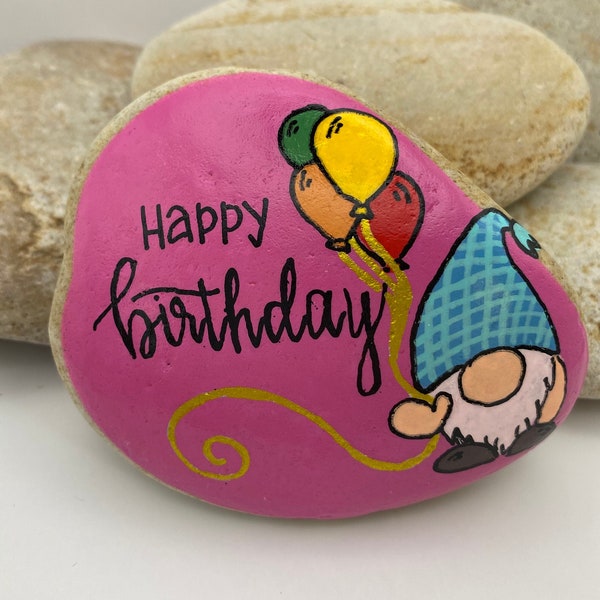 Happy Birthday Painted Rock, Gnome Rock, Gnomes, Happy Birthday Gift, Birthday Present