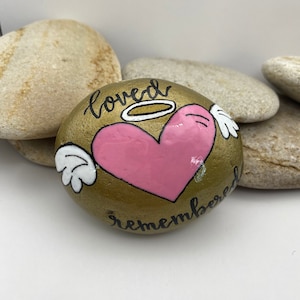 Loved and Remembered Memorial Rock, Heart with Angel Wings Rock, Rock for Mourning, Grief, Memorial Rock, Loss of Loved One, Pet Memorial