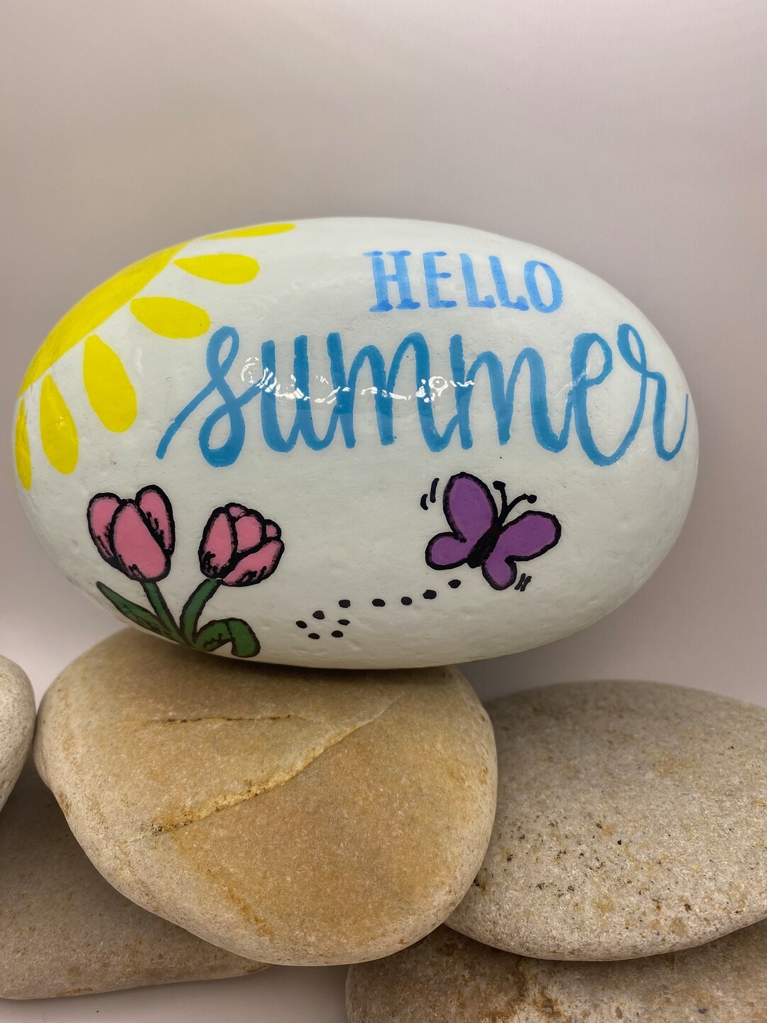 Hello Summer Painted Rock, Summer Painted Rock, Garden Rocks, Butterfly ...