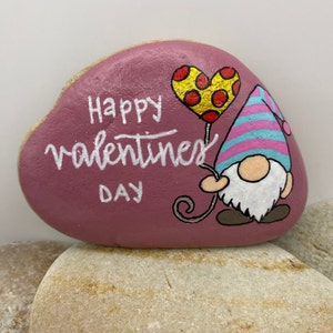 Valentine&#39;s Day Painted Rock, Happy Valentine&#39;s Day Rock, Valentine&#39;s Day Gift, Gnome Rock, Valentine&#39;s Day Gnome Rock, Garden Rock