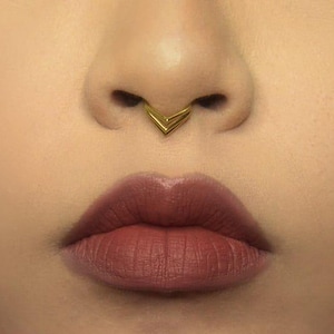 May include: Close-up of a face featuring a gold septum ring and full, red-toned lips. The septum ring has a chevron design. The skin tone is light with a soft focus.