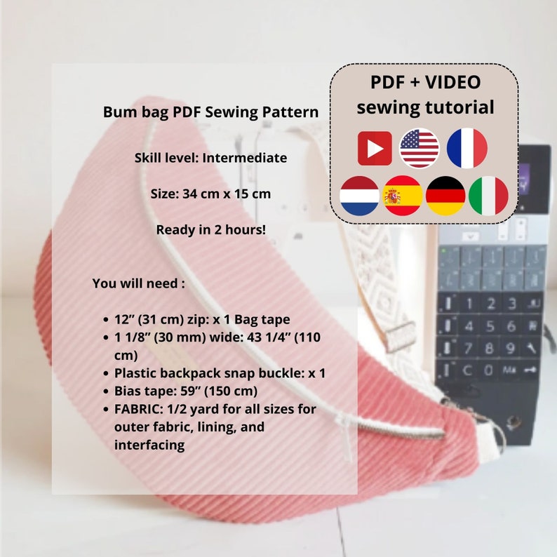 Crossbody Bag PDF Pattern & Video Tutorial, Sling bag, Fanny Pack Sewing Pattern, DIY Sling Pouch, Instant download, Bum Bag tutorial