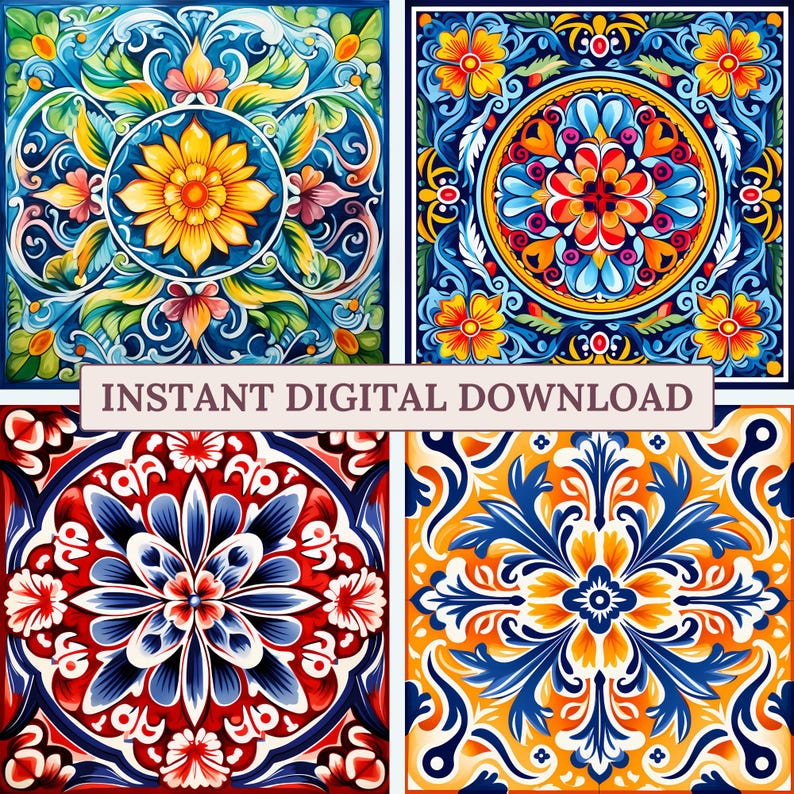 Mexicaanse talavera tegels clipartpakket, afdrukbare talavera tegel illustraties, boho mozaïektegels, traditionele tegels, decor van het huis, patroon afbeelding 2