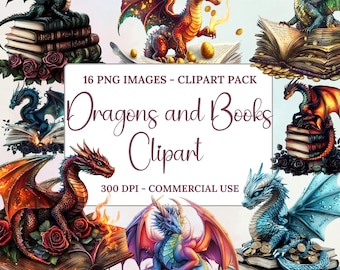 Draken en boeken clipartpakket, fantasiedraken, romantiek, magische boeken, digitale download, spreukenboeken, magische wezens