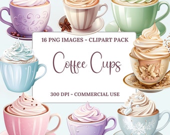 Coffee Cup Clipart, Watercolor Clipart, Coffee Watercolor, Coffee Cups, Clipart Pack, Instant Download, PNG